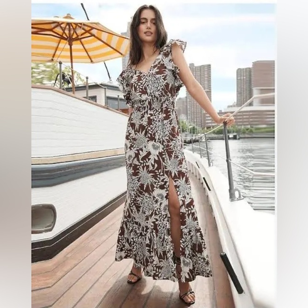Express Brown & White Printed Ruffle Sleeve Maxi Dress